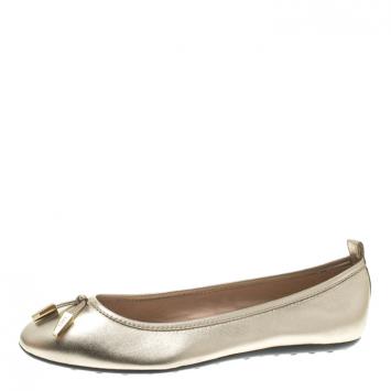 Pre Owned Tod's Metallic Gold Leather Studded Ballet Flats Size 37.5