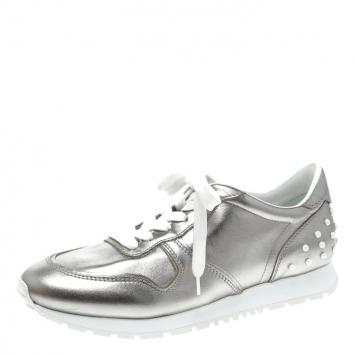 Pre Owned Tod's Metallic Silver Leather Allaciata Studded Sneakers Size 39.5