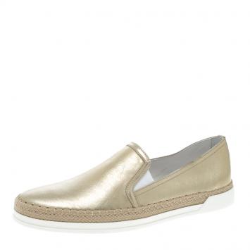 Pre Owned Tod's Metallic Gold Leather Pantofola Espadrille Slip On Sneakers Size 38