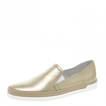Pre Owned Tod's Metallic Gold Leather Pantofola Espadrille Slip On Sneakers Size 37.5