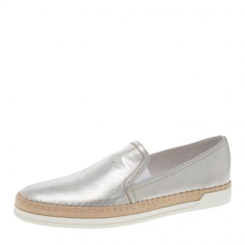 Pre Owned Tod's Metallic Silver Leather Pantofola Espadrille Slip On Sneakers Size 39.5