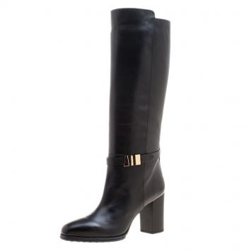 Pre Owned Tod's Black Leather Block Heel Buckle Tall Boots Size 37.5