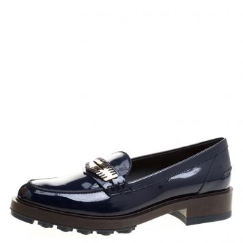 Pre Owned Tod's Blue Patent Leather Whip Stitch Penny Loafers Size 39.5