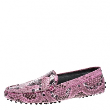 Pre Owned Tod's Limited Edition Pink Python Leather Sequins Embellished Loafers Size 39