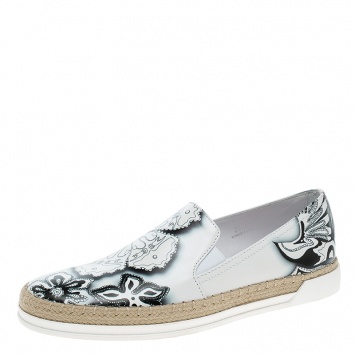 Pre Owned Tod's Monochrome Floral Printed Leather Espadrille Slip On Sneakers Size 37.5