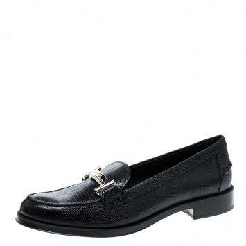 Pre Owned Tod's Oxford Blue Lizard Embossed Leather Double T Loafers Size 41