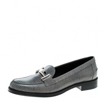 Pre Owned Tod's Grey Lizard Embossed Leather Double T Loafers Size 37.5