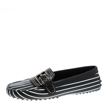 Pre Owned Tod's Black Stripes Printed Leather Studded Buckle Loafers Size 39.5
