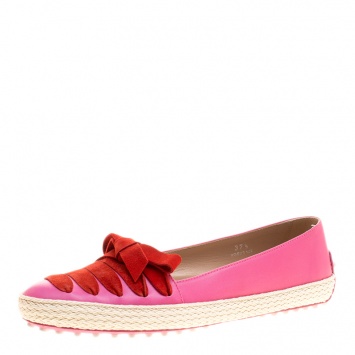 Pre Owned Tod's Pink Leather And Suede Ribbon Espadrille Loafers Size 37.5