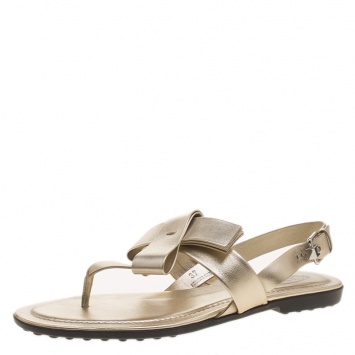 Pre Owned Tod's Metallic Gold Leather Bow Detail Flat Thong Sandals Size 37