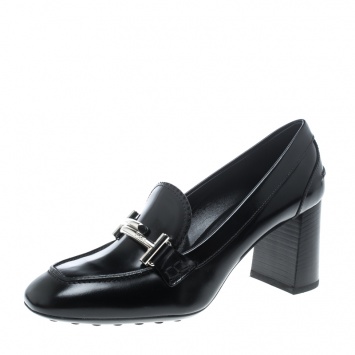Pre Owned Tod's Black Leather Gomma Maxi Double T Court Loafer Pumps Size 38.5