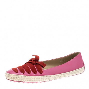 Pre Owned Tod's Pink Leather And Suede Ribbon Espadrille Loafers Size 39.5