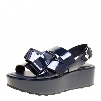 Pre Owned Tod's Navy Blue Patent Leather Slingback Platform Sandals Size 38