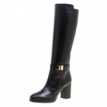 Pre Owned Tod's Black Leather Block Heel Buckle Tall Boots Size 36.5