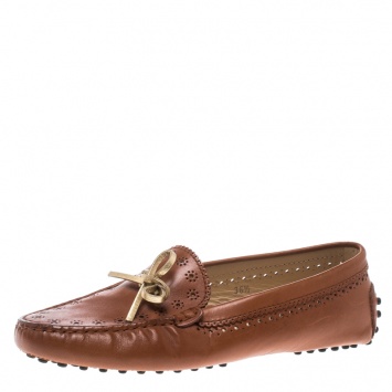 Pre Owned Tod's Brown Perforated Leather Bow Loafers Size 36.5