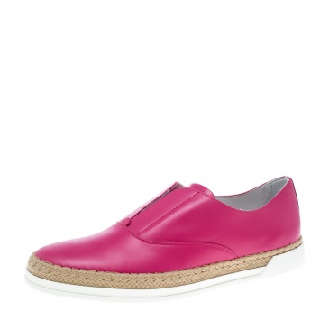Pre Owned Tod's Fuchsia Pink Leather Francesina Espadrille Slip On Sneakers Size 37.5