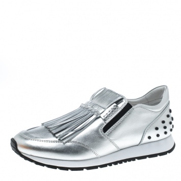 Pre Owned Tod's Metallic Silver Fringe Detail Slip On Sneakers Size 40