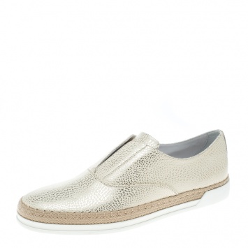 Pre Owned Tod's Cream Textured Leather Francesina Espadrille Slip On Sneakers Size 39.5