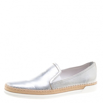 Pre Owned Tod's Metallic Silver Leather Pantofola Espadrille Slip On Sneakers Size 38
