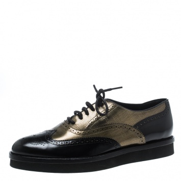 Pre Owned Tod's Metallic Gold And Black Brogue Leather Lace-Up Oxfords Size 39.5