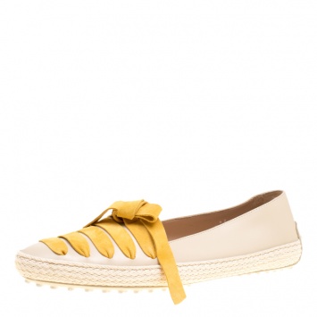 Pre Owned Tod's Beige Leather And Suede Ribbon Espadrille Loafers Size 41