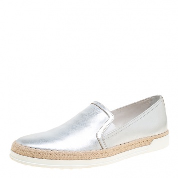 Pre Owned Tod's Metallic Silver Leather Pantofola Espadrille Slip On Sneakers Size 37.5