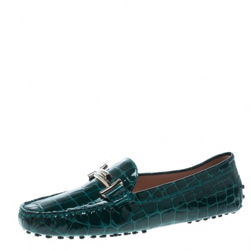 Pre Owned Tod's Emerald Green Croc Embossed Patent Leather Gommino Double T Buckle Driver Loafers Size 39.5