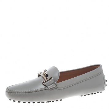 Pre Owned Tod's Light Grey Leather Double T Buckle Loafers Size 40