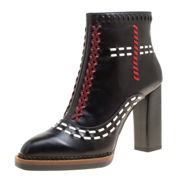 Pre Owned Tod's Black Leather Gipsy Cross Stitch Detail Block Heel Ankle Boots Size 38.5