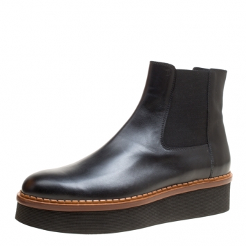 Pre Owned Tod's Black Leather Slip On Platform Ankle Boots Size 41