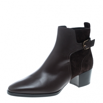 Pre Owned Tod's Brown Leather and Suede Block Heel Ankle Boots Size 37