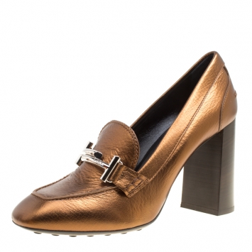 Pre Owned Tod's Metallic Bronze Leather Gomma Maxi Double T Court Loafer Pumps Size 39