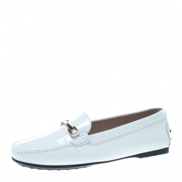 Pre Owned Tod's White Patent Leather Horsebit Loafers Size 40