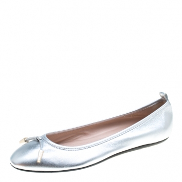Pre Owned Tod's Metallic Silver Leather Studded Ballet Flats Size 40