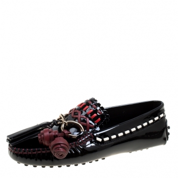 Pre Owned Tod's Black Patent Leather Tassel Charm Cross Stitch Detail Loafers Size 35