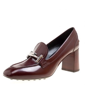 Pre Owned Tod's Burgundy Leather Gomma Maxi Double T Court Loafer Pumps Size 39.5