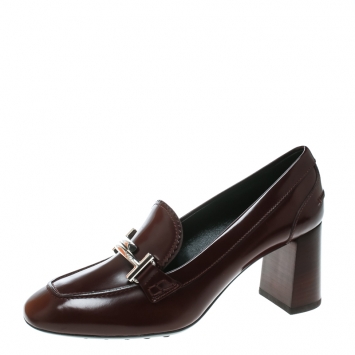Pre Owned Tod's Burgundy Leather Gomma Maxi Double T Court Loafer Pumps Size 39.5