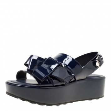 Pre Owned Tod's Navy Blue Patent Leather Slingback Platform Sandals Size 39.5