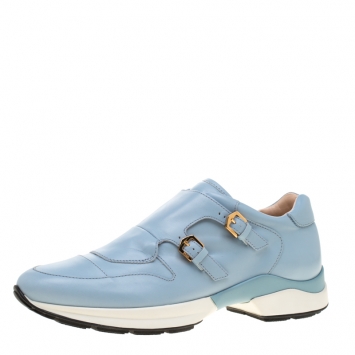 Pre Owned Tod's Sky Blue Leather Double Buckle Sneakers Size 38