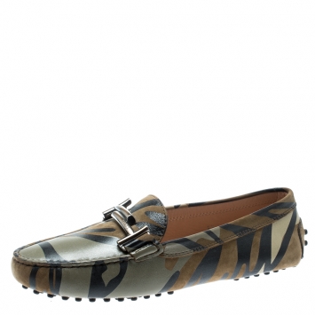 Pre Owned Tod's Military Green Camo Print Leather Double T Loafers Size 37