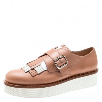 Pre Owned Tod's Pale Pink And Cream Leather Fringe Detail Platform Loafers Size 40
