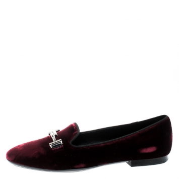 Pre Owned Tod's Burgundy Velvet Double T Smoking Slippers Size 38.5
