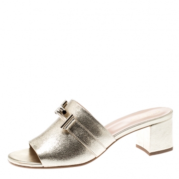 Pre Owned Tod's Limited Edition Metallic Gold Textured Leather Double T Peep Toe Mules Size 40