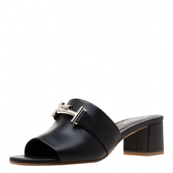 Pre Owned Tod's Black Leather Double T Peep Toe Mules Size 37.5
