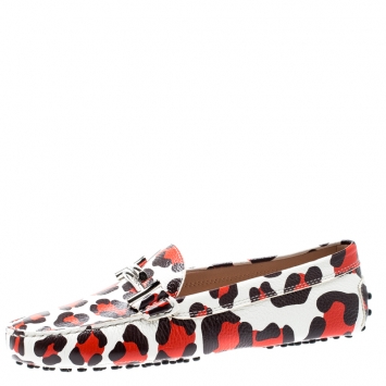 Pre Owned Tod's White Leopard Print Leather Double T Loafers Size 39