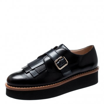Pre Owned Tod's Black And Navy Blue Leather Fringe Detail Platform Loafers Size 41