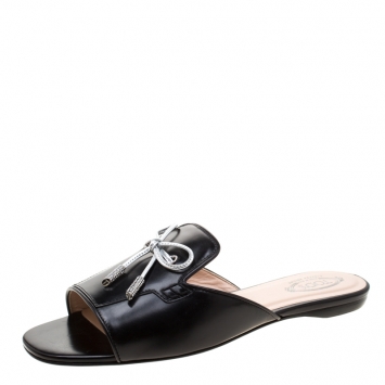Pre Owned Tod's Limited Edition Black Leather Crystal Embellished Bow Peep Toe Flat Slides Size 38