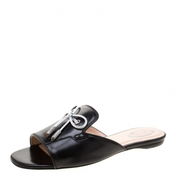Pre Owned Tod's Limited Edition Black Leather Crystal Embellished Bow Peep Toe Flat Slides Size 37.5