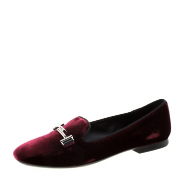 Pre Owned Tod's Burgundy Velvet Double T Smoking Slippers Size 39