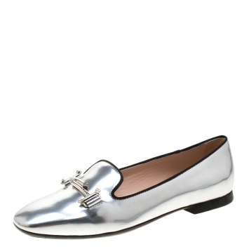 Pre Owned Tod's Metallic Silver Leather Crystal Embellished Double T Smoking Slippers Size 37